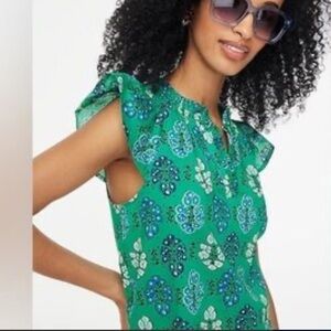 J. Crew Green and Blue Floral Flutter Sleeve Boho Blouse Cool Made in India XL